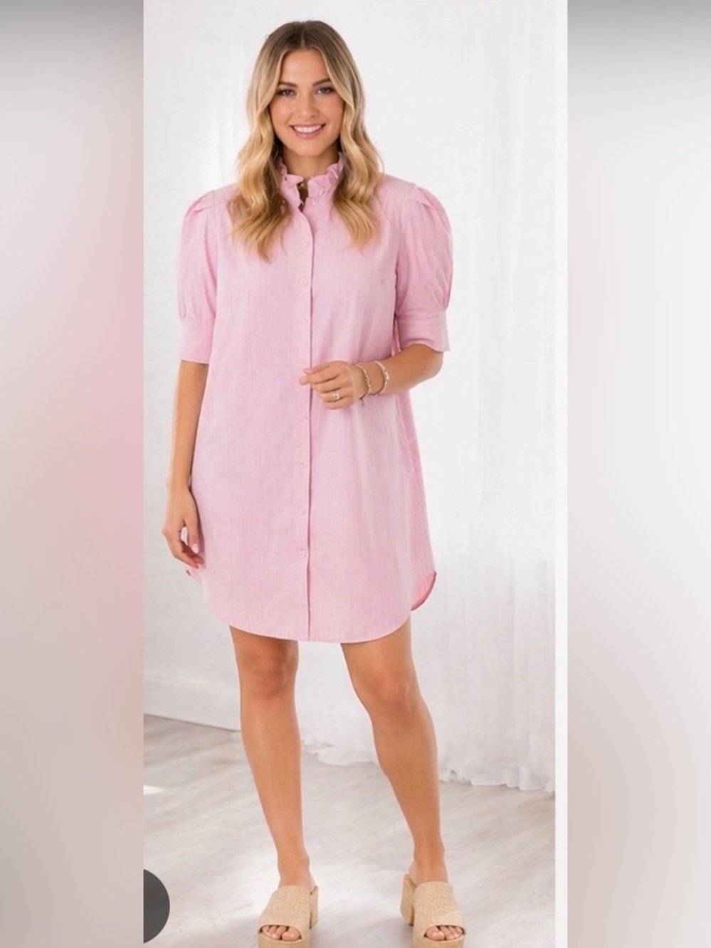 Adrienne pink pinstripe puff-sleeve shirt dress